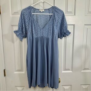 Umgee Blue Eyelet Puff Sleeve V-Neck Empire Waist Babydoll Women's Dress Size M